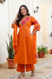 Orange Patchwork Festive Cotton Aline Suit Set with Palazzo and Dupatta