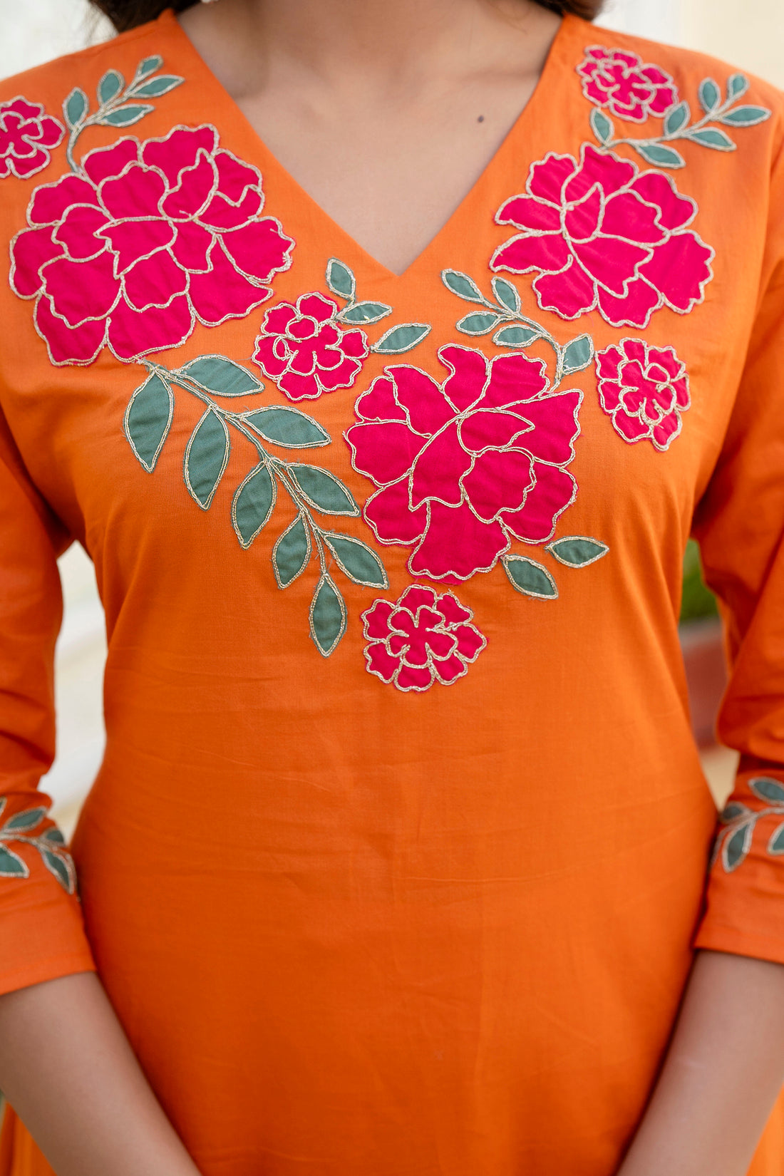 Orange Patchwork Festive Cotton Aline Suit Set with Palazzo and Dupatta