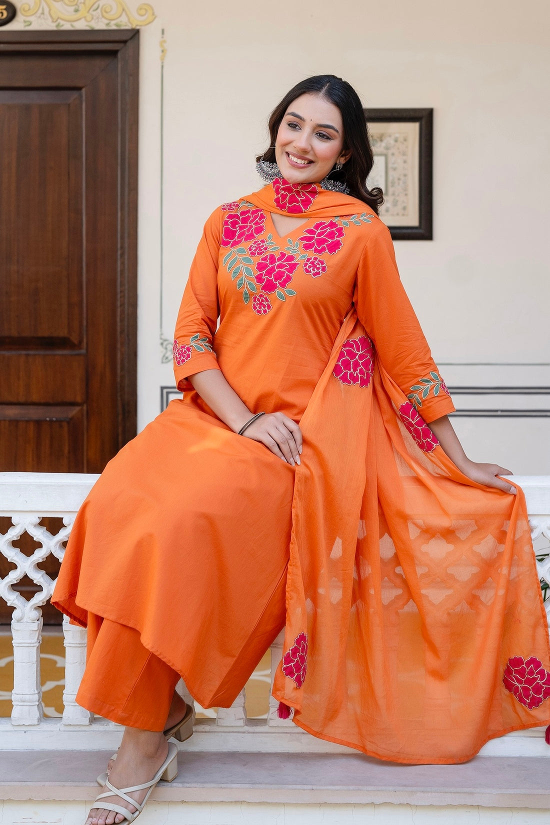 Orange Patchwork Festive Cotton Aline Suit Set with Palazzo and Dupatta