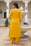 Mustard Embroidery Neck Cotton Kurta Set with Palazzo and Dupatta