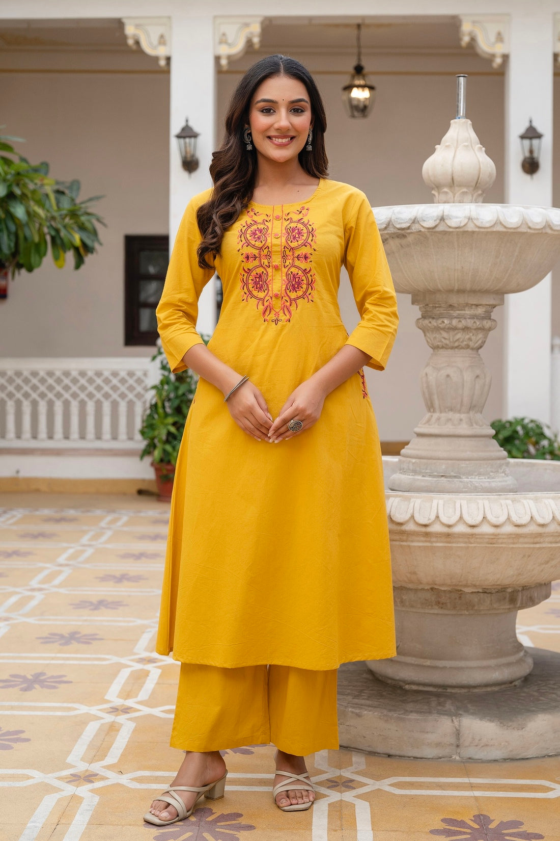 Mustard Embroidery Neck Cotton Kurta Set with Palazzo and Dupatta