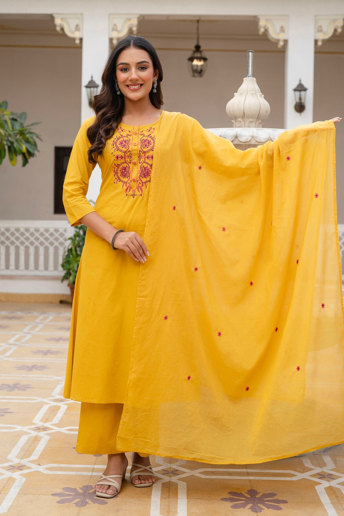 Mustard Embroidery Neck Cotton Kurta Set with Palazzo and Dupatta