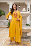 Mustard Embroidery Neck Cotton Kurta Set with Palazzo and Dupatta
