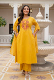 Mustard Embroidery Neck Cotton Kurta Set with Palazzo and Dupatta