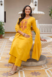 Mustard Embroidery Neck Cotton Kurta Set with Palazzo and Dupatta