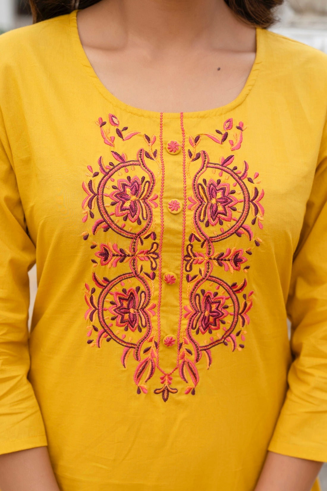Mustard Embroidery Neck Cotton Kurta Set with Palazzo and Dupatta