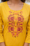 Mustard Embroidery Neck Cotton Kurta Set with Palazzo and Dupatta