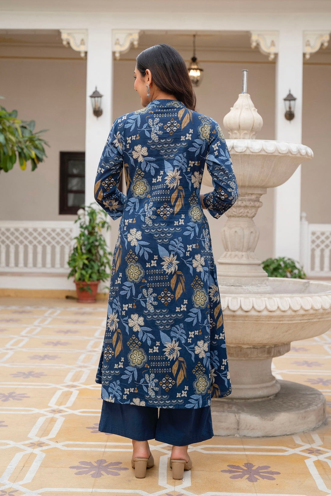 Blue Floral Print A-line Cotton Kurta Set with Palazzo