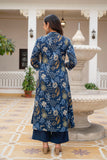 Blue Floral Print A-line Cotton Kurta Set with Palazzo