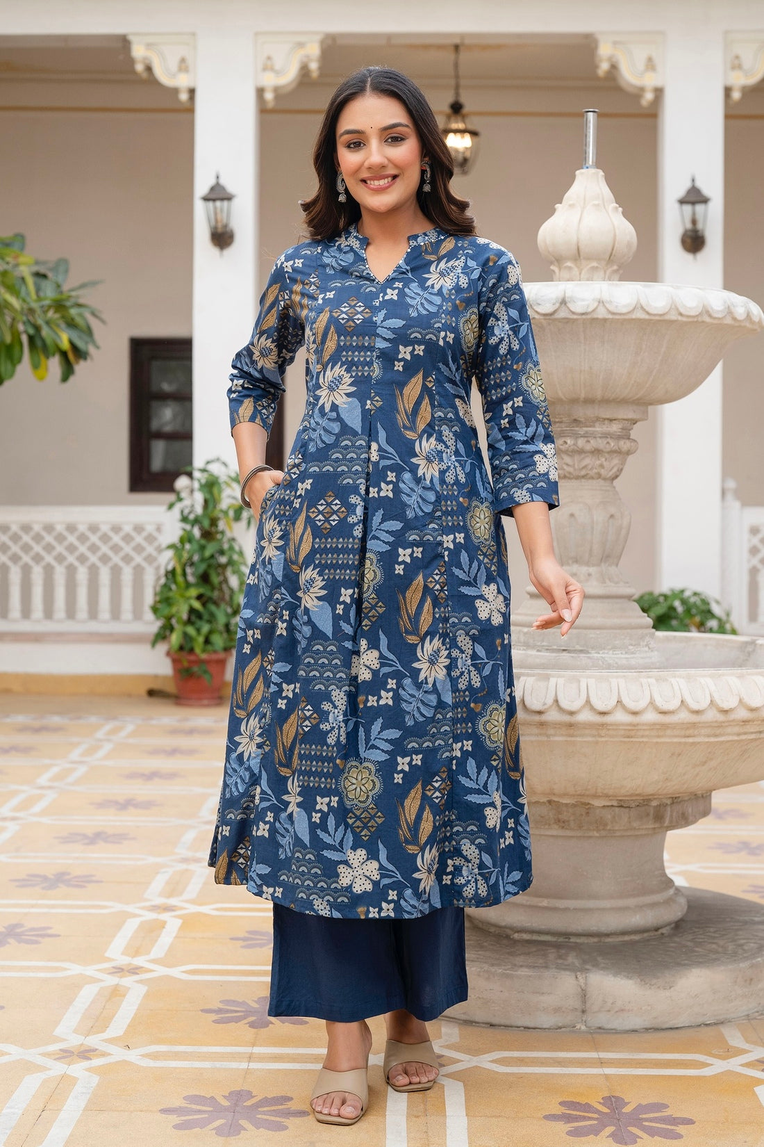 Blue Floral Print A-line Cotton Kurta Set with Palazzo