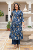 Blue Floral Print A-line Cotton Kurta Set with Palazzo