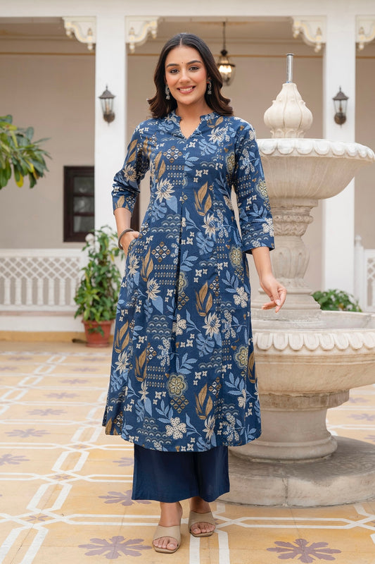 Blue Floral Print A-line Cotton Kurta Set with Palazzo