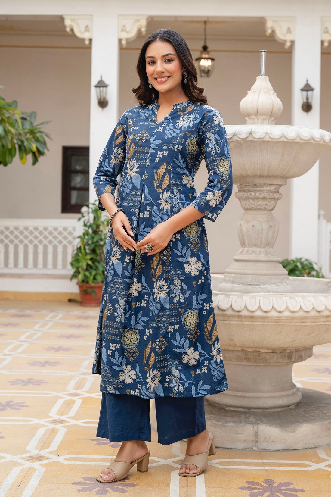 Blue Floral Print A-line Cotton Kurta Set with Palazzo