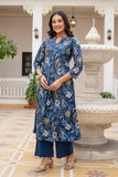Blue Floral Print A-line Cotton Kurta Set with Palazzo