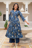 Blue Floral Print A-line Cotton Kurta Set with Palazzo