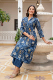 Blue Floral Print A-line Cotton Kurta Set with Palazzo