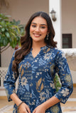 Blue Floral Print A-line Cotton Kurta Set with Palazzo