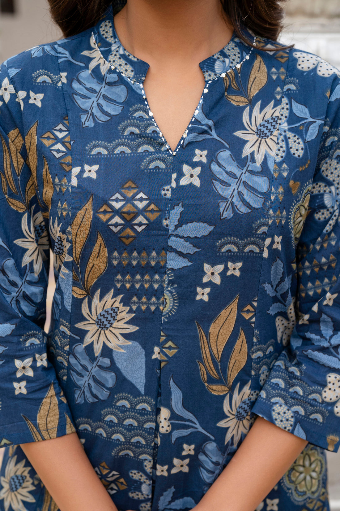Blue Floral Print A-line Cotton Kurta Set with Palazzo