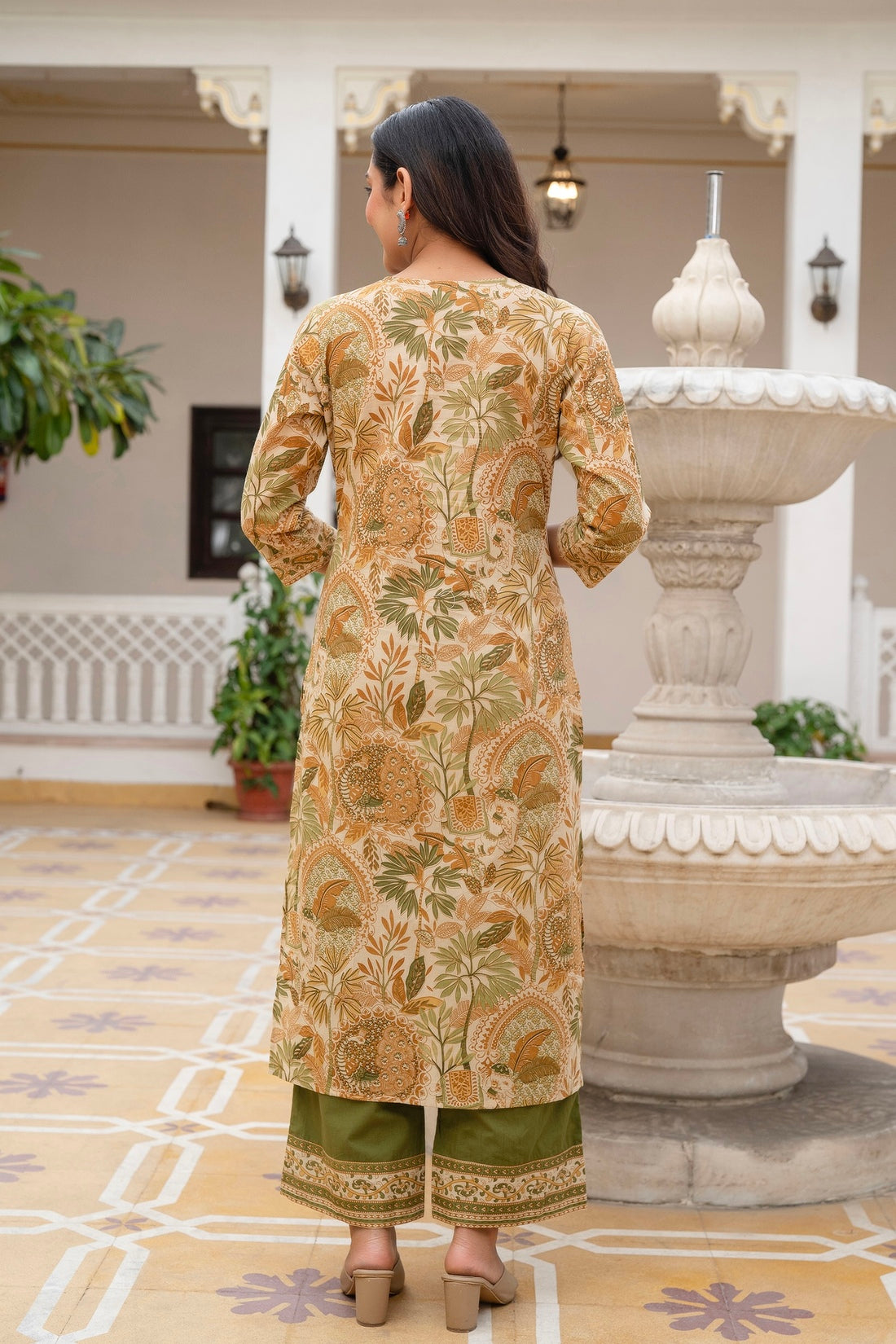 Green Floral Print Cotton Kurta Set with Palazzos and Kota Doriya Dupatta