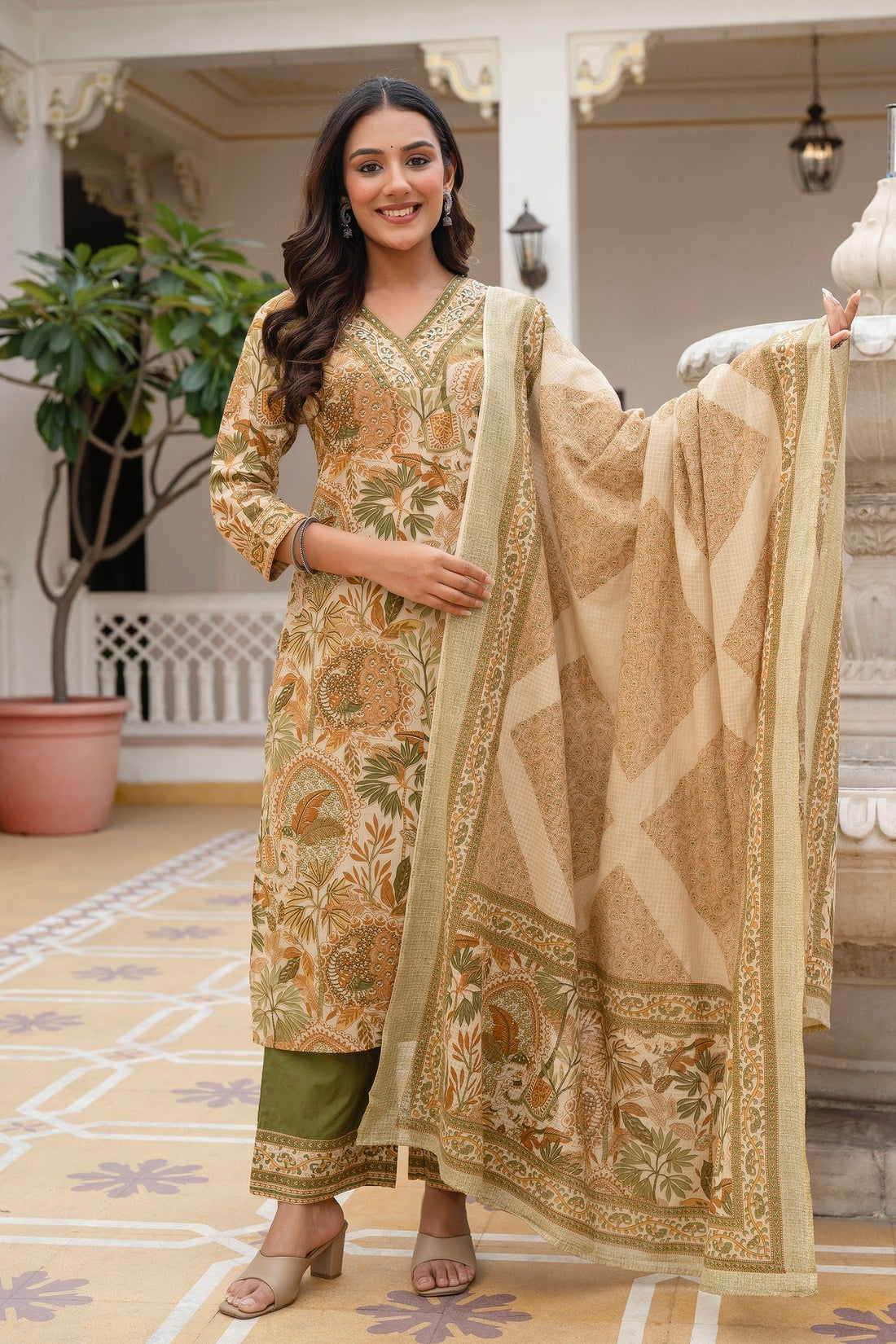Green Floral Print Cotton Kurta Set with Palazzos and Kota Doriya Dupatta