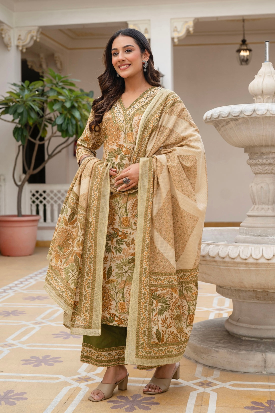 Green Floral Print Cotton Kurta Set with Palazzos and Kota Doriya Dupatta