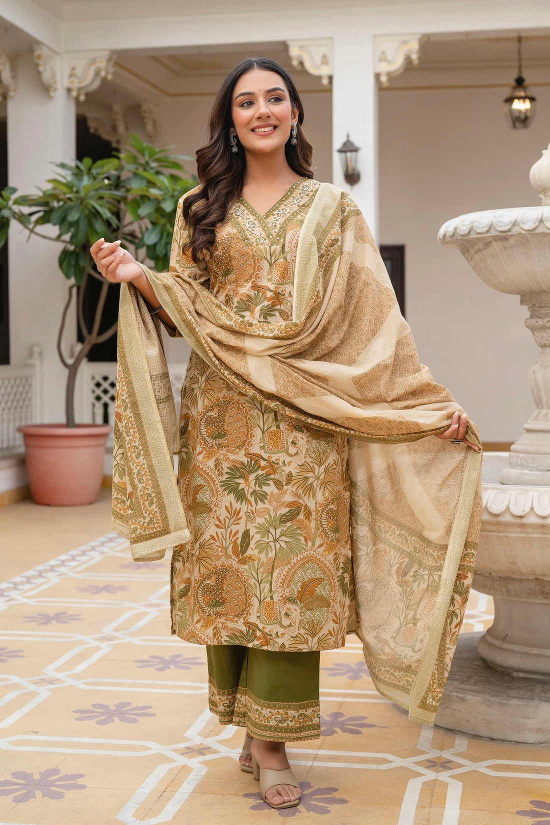 Green Floral Print Cotton Kurta Set with Palazzos and Kota Doriya Dupatta