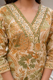 Green Floral Print Cotton Kurta Set with Palazzos and Kota Doriya Dupatta