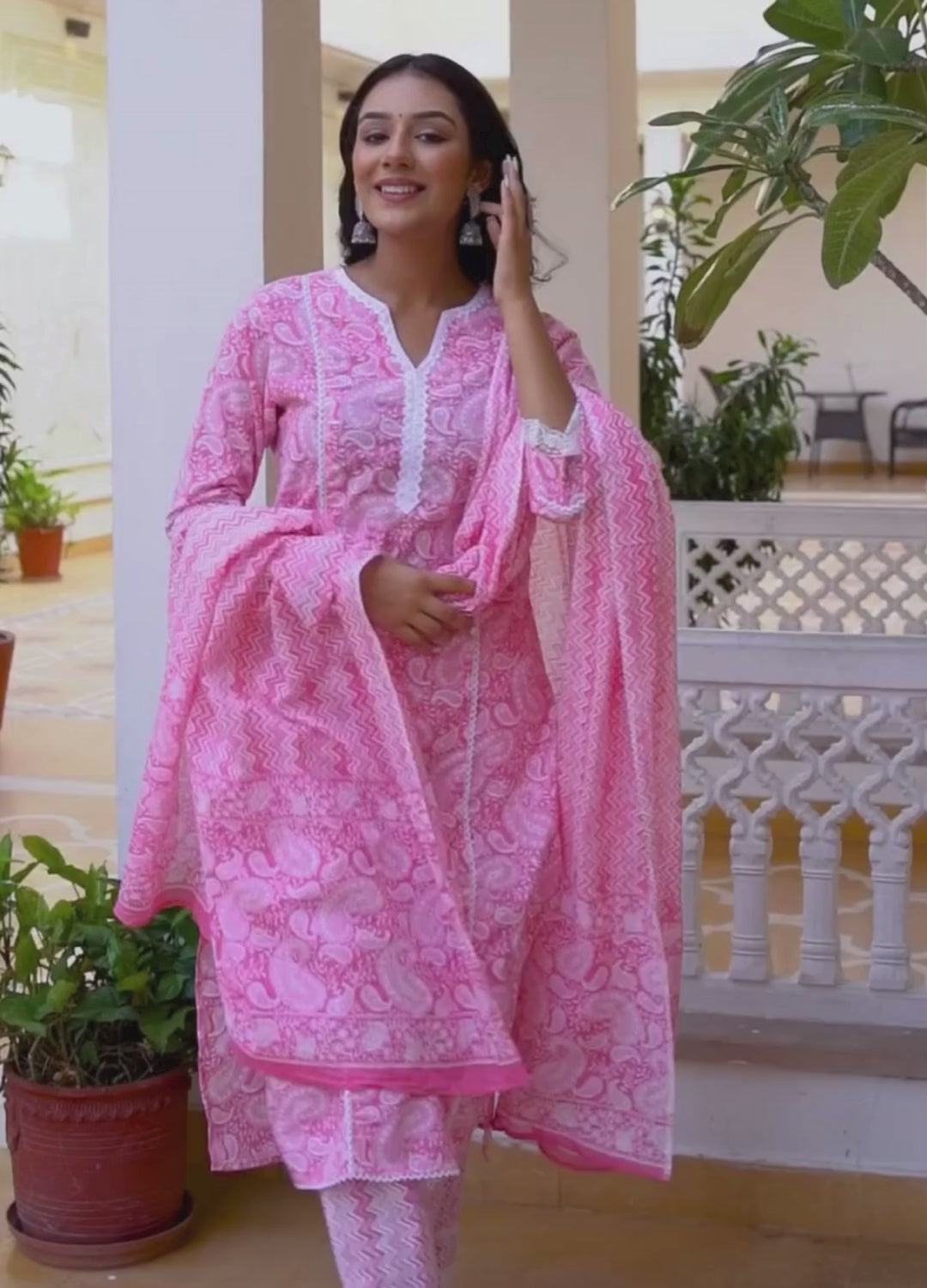 Arushi - Pink Lacework Straight Cotton Kurta with Pant and Dupatta