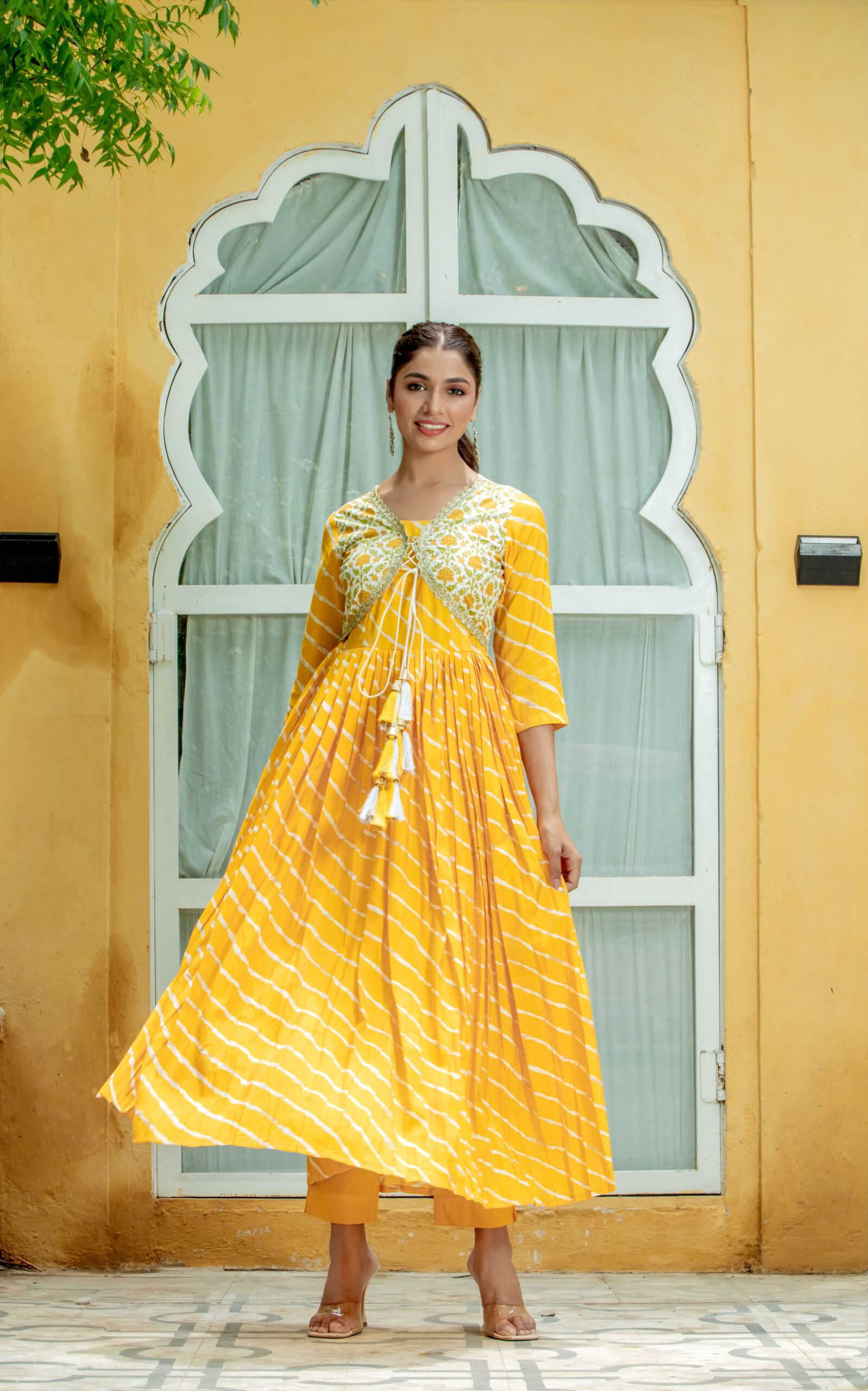 Yellow Leheriya Jacket Style Gown