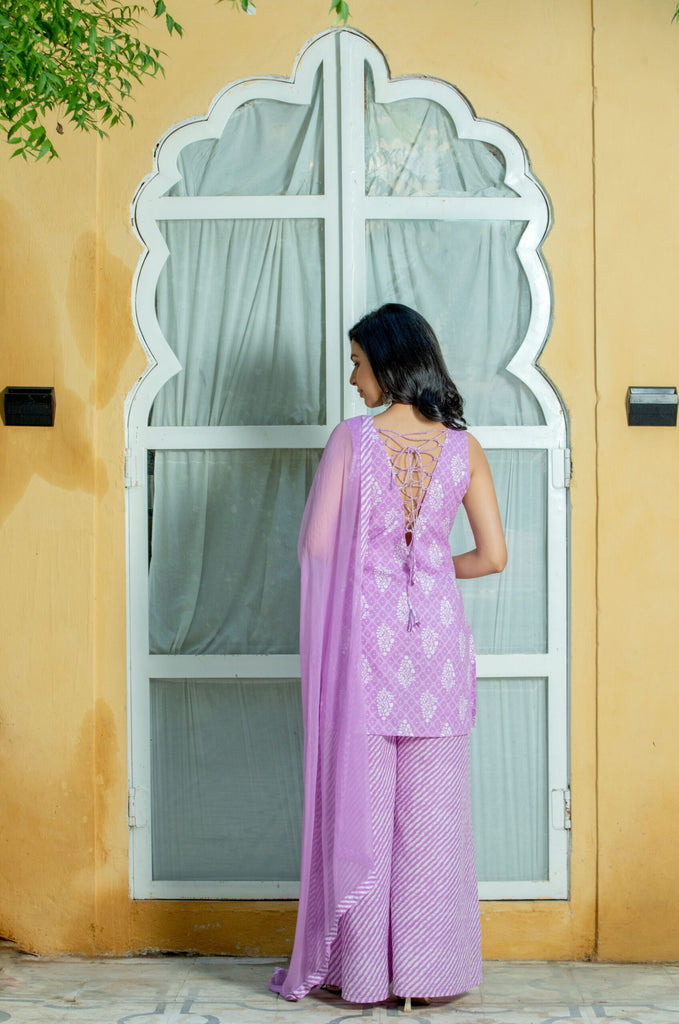 Ivory White Self Print Cotton Kurti With Palazzo Set