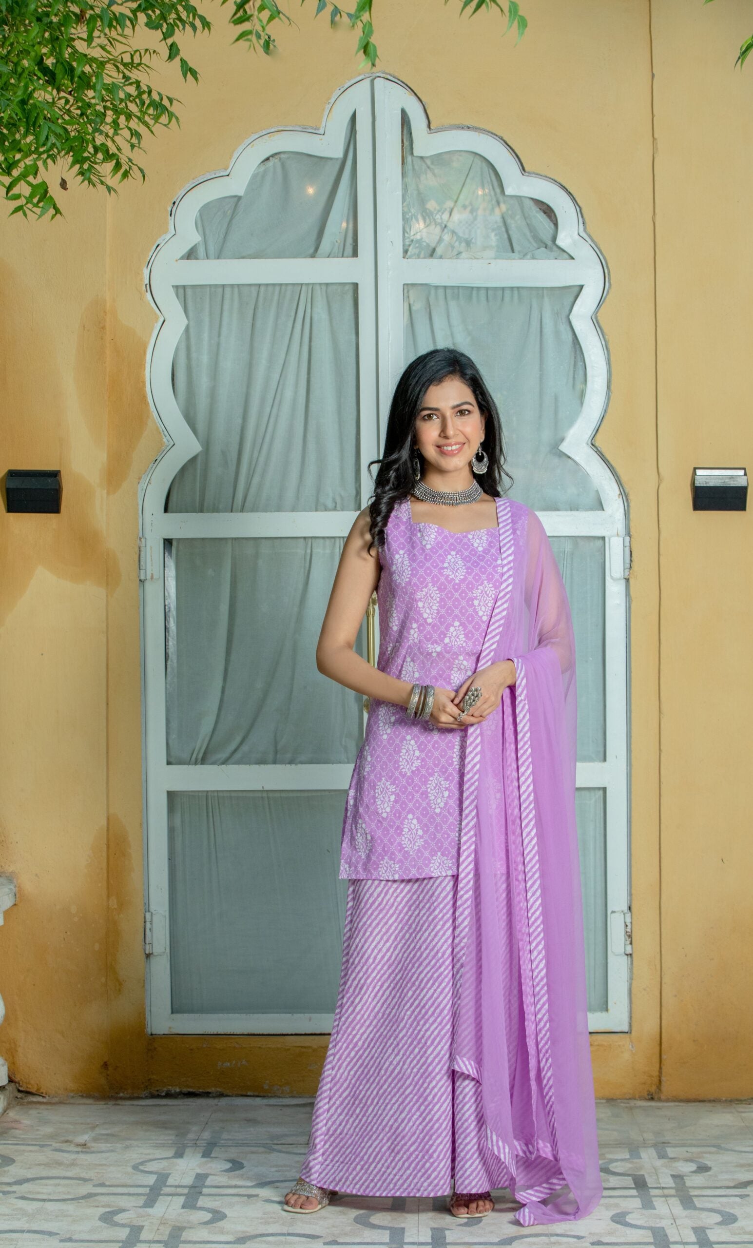 Purple Printed Cotton Kurti Palazzo Set