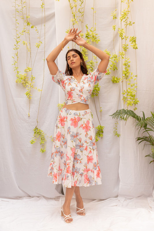 Floral Wrap Top with Skirt Set