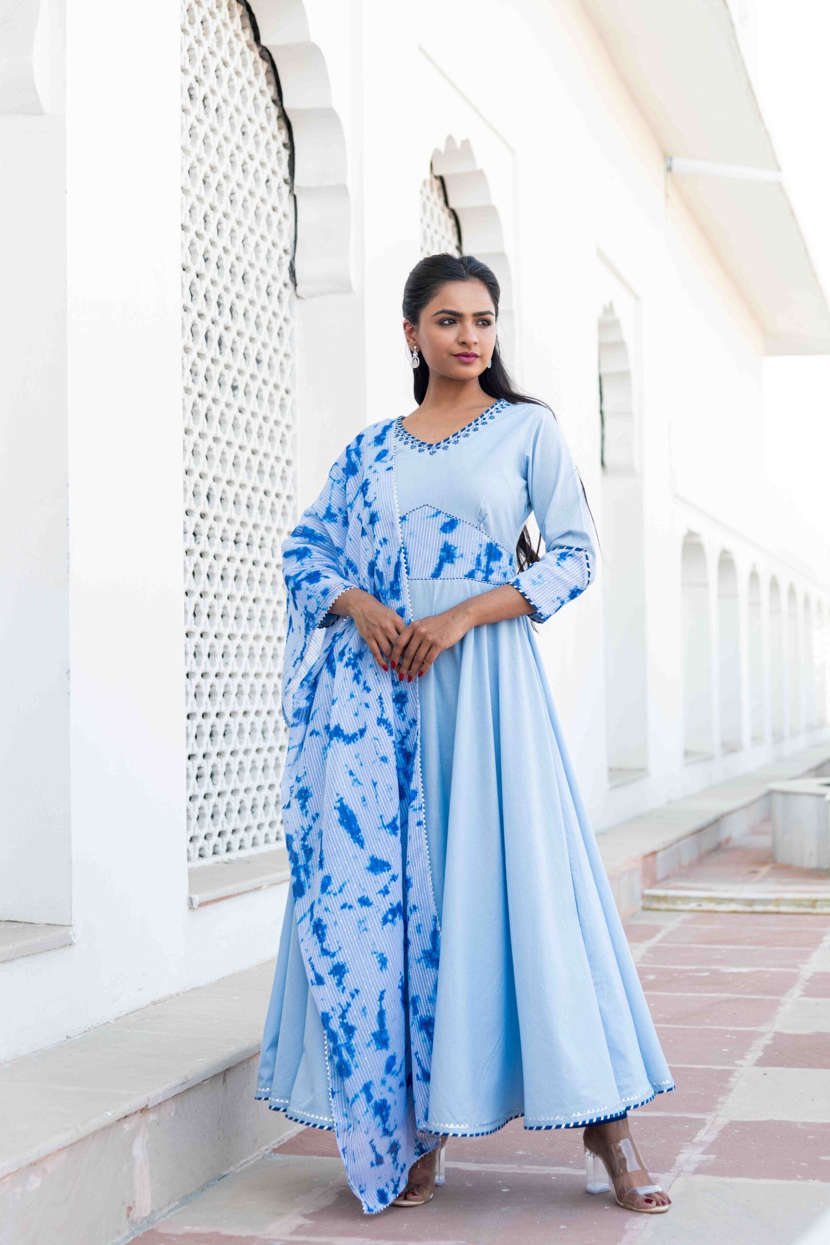 Sky Blue Designer Cotton Suit Set