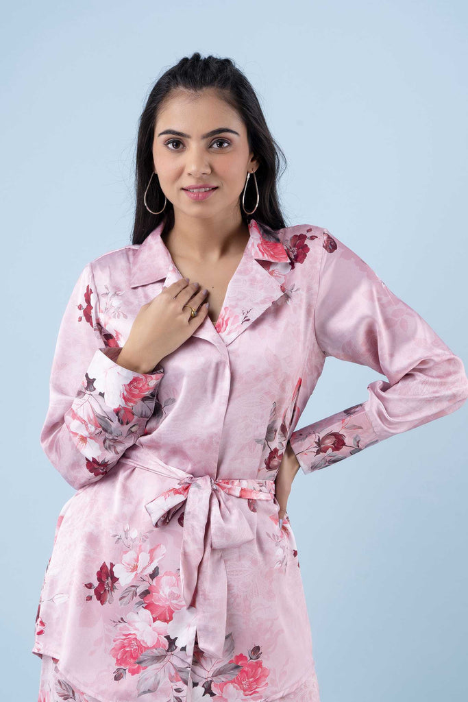 Pink Leaf Printed Top & Pant With Stole Co-Ord Set main image 0