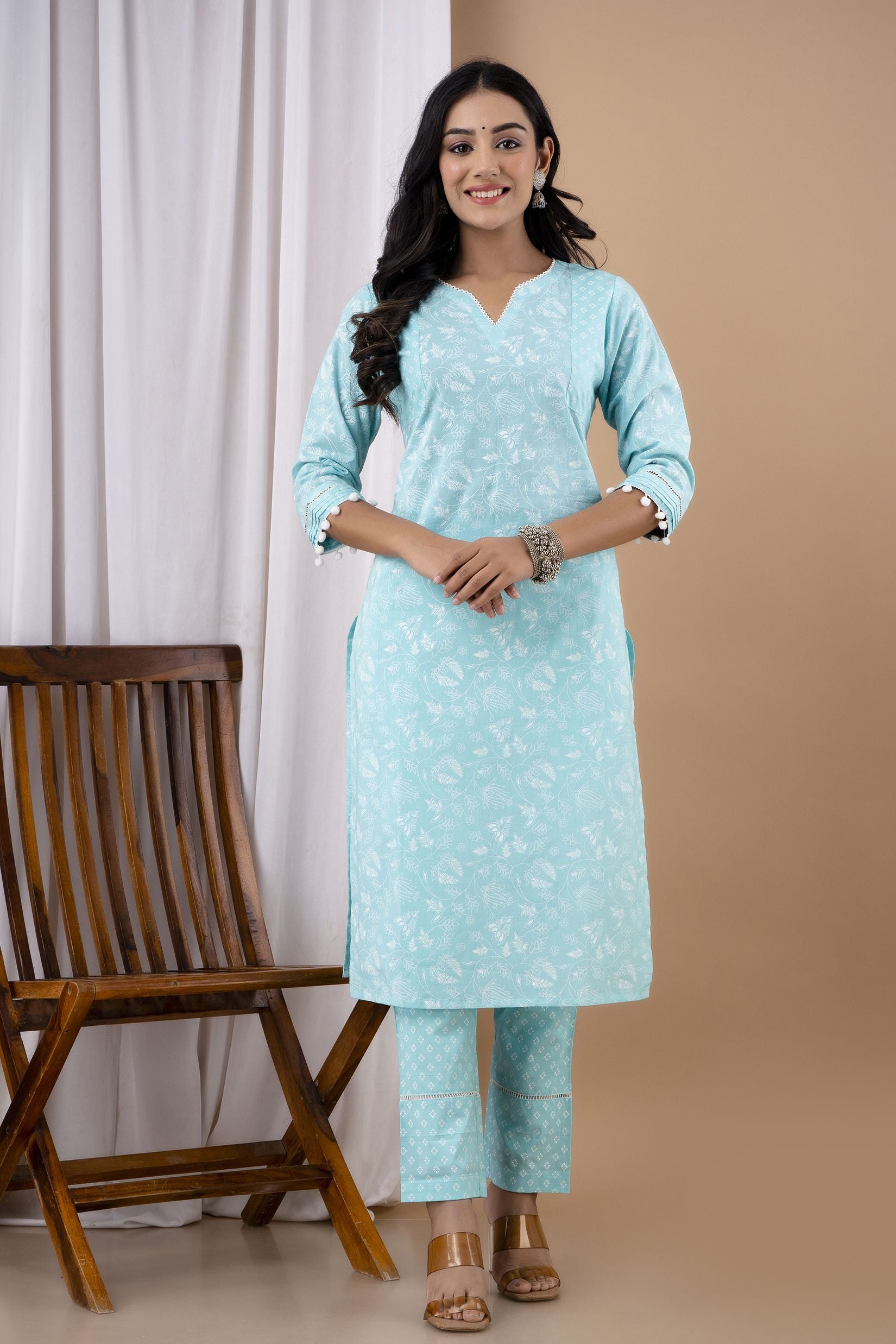 Sky Blue Cotton Printed Kurta Set